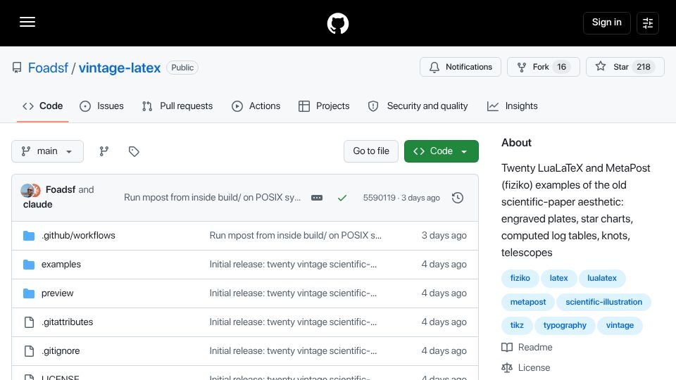 Screenshot of github.com: Vintage Scientific Papers with LaTeX