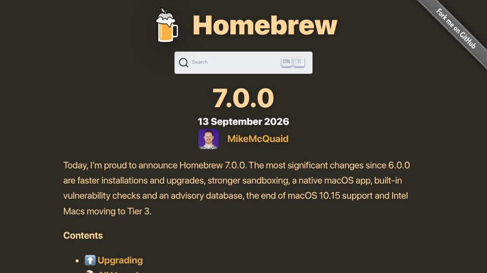 Screenshot of brew.sh: Homebrew 7.0.0