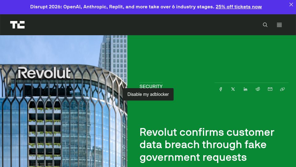Screenshot of techcrunch.com: Revolut confirms customer data breach through fake government requests