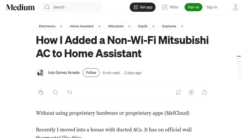 Screenshot of medium.com: I added a non-wi-fi Mitsubishi AC to Home Assistant