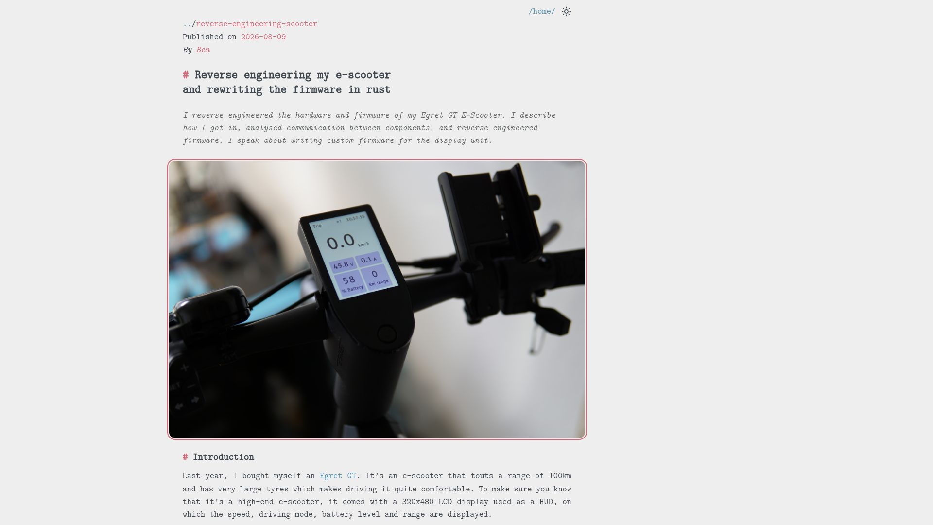 Screenshot of bensimms.moe: Reverse engineering my e-scooter and rewriting the firmware in Rust