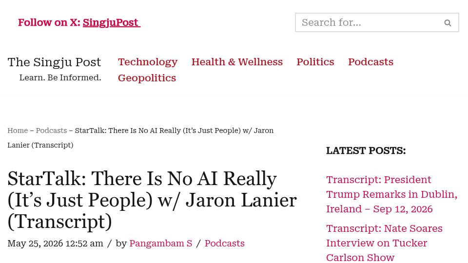 Screenshot of singjupost.com: There Is No AI (It's Just People) with Jaron Lanier