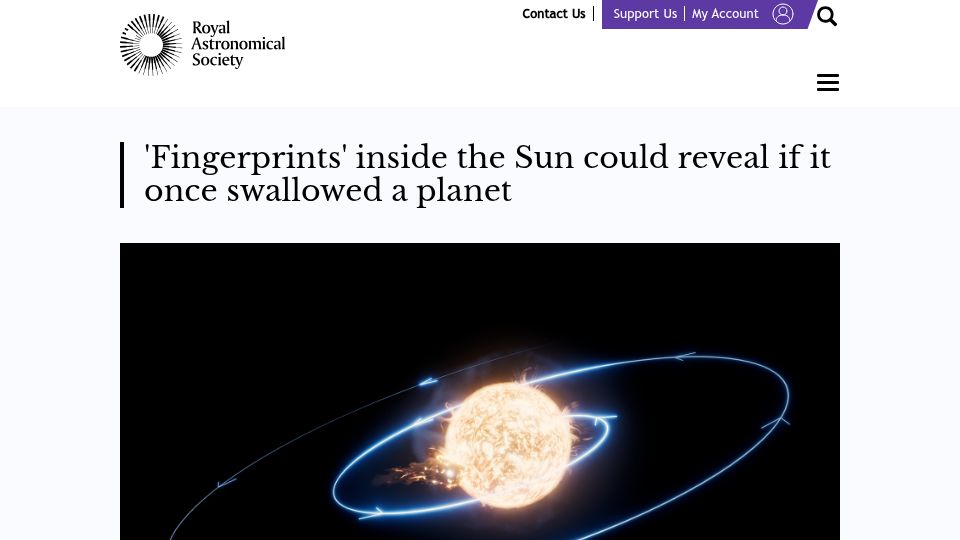 Screenshot of ras.ac.uk: 'Fingerprints' inside the Sun could reveal if it once swallowed a planet