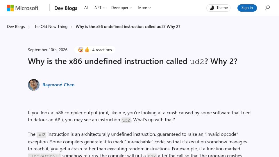 Screenshot of devblogs.microsoft.com: Why is the x86 undefined instruction called ud2? Why 2?