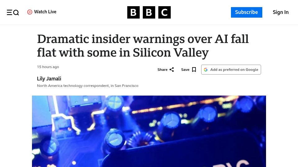 Screenshot of bbc.co.uk: Dramatic insider warnings over AI fall flat with some in Silicon Valley