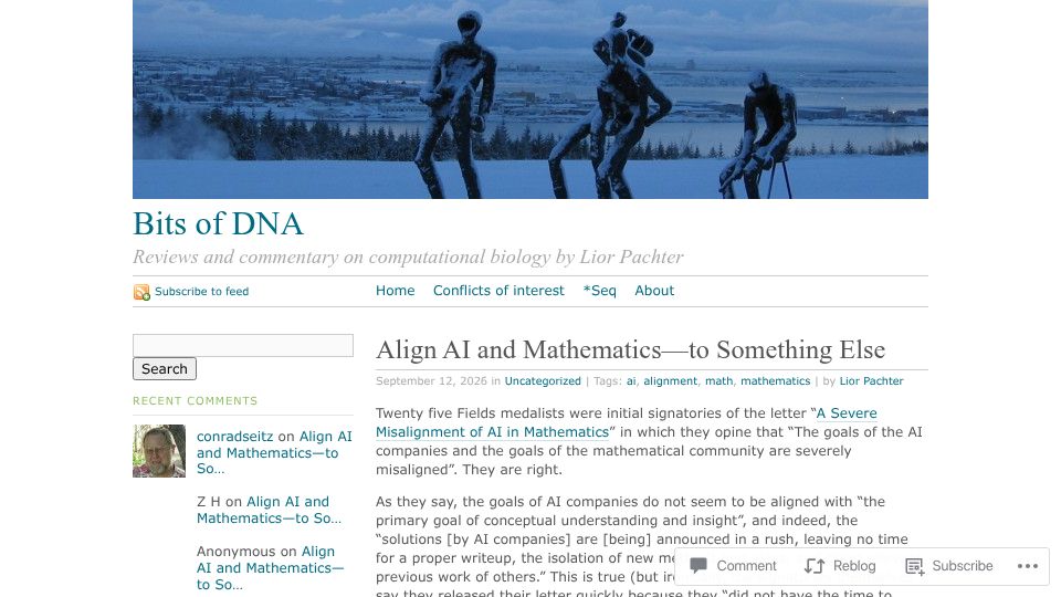 Screenshot of liorpachter.wordpress.com: Align AI and Mathematics–To Something Else