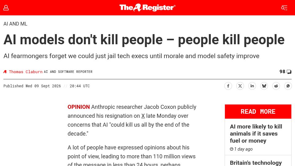 Screenshot of theregister.com: AI models don't kill people – people kill people