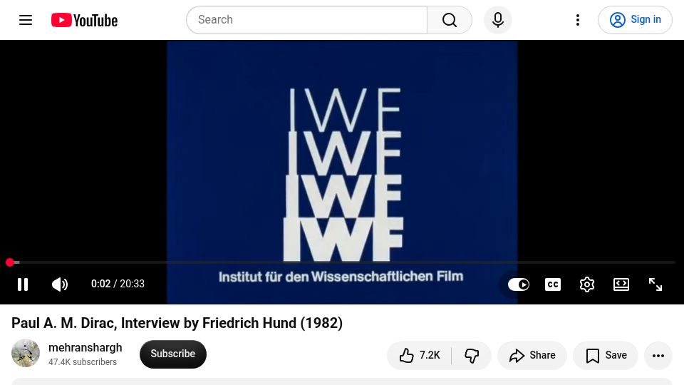 Screenshot of youtube.com: Paul A. M. Dirac, Interview by Friedrich Hund (1982) [video]