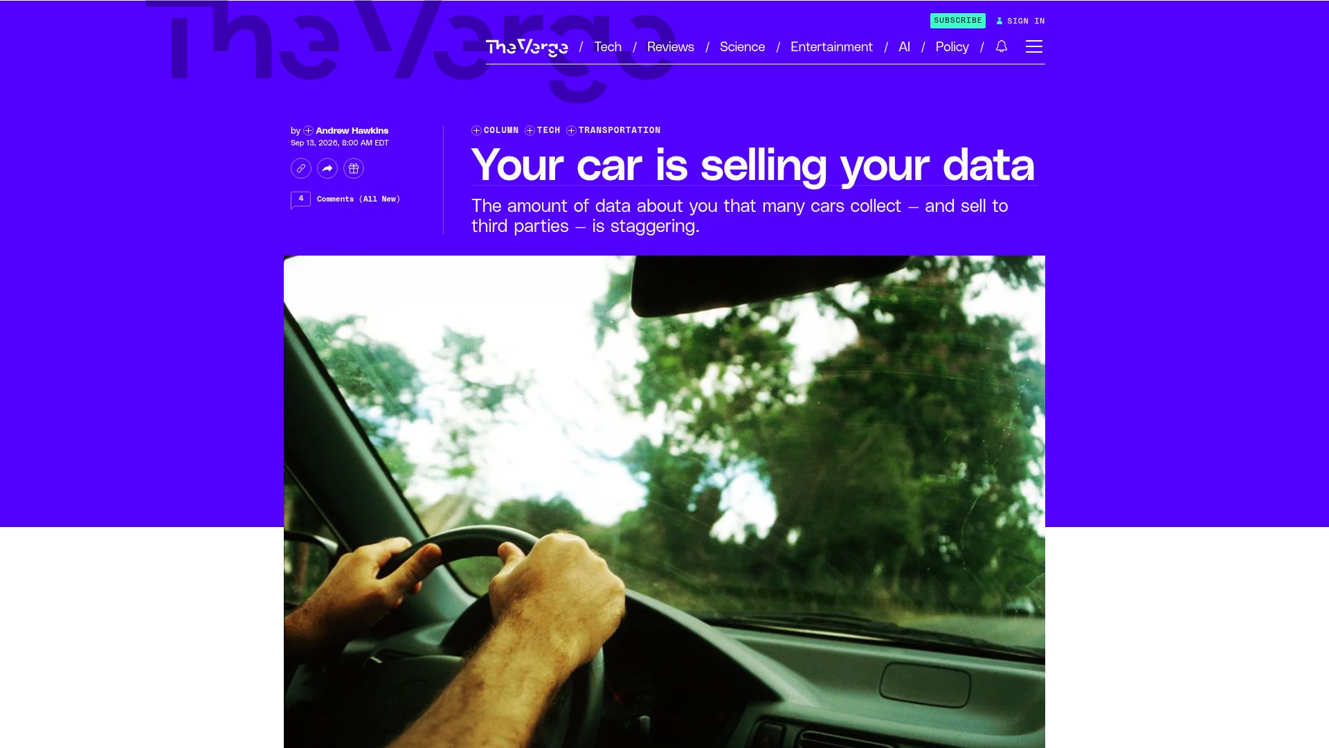 Screenshot of theverge.com: Data collected by cars and sold to third parties