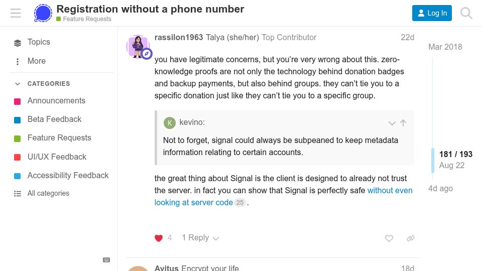 Screenshot of community.signalusers.org: Registration without a phone number on Signal will use zero-knowledge proofs