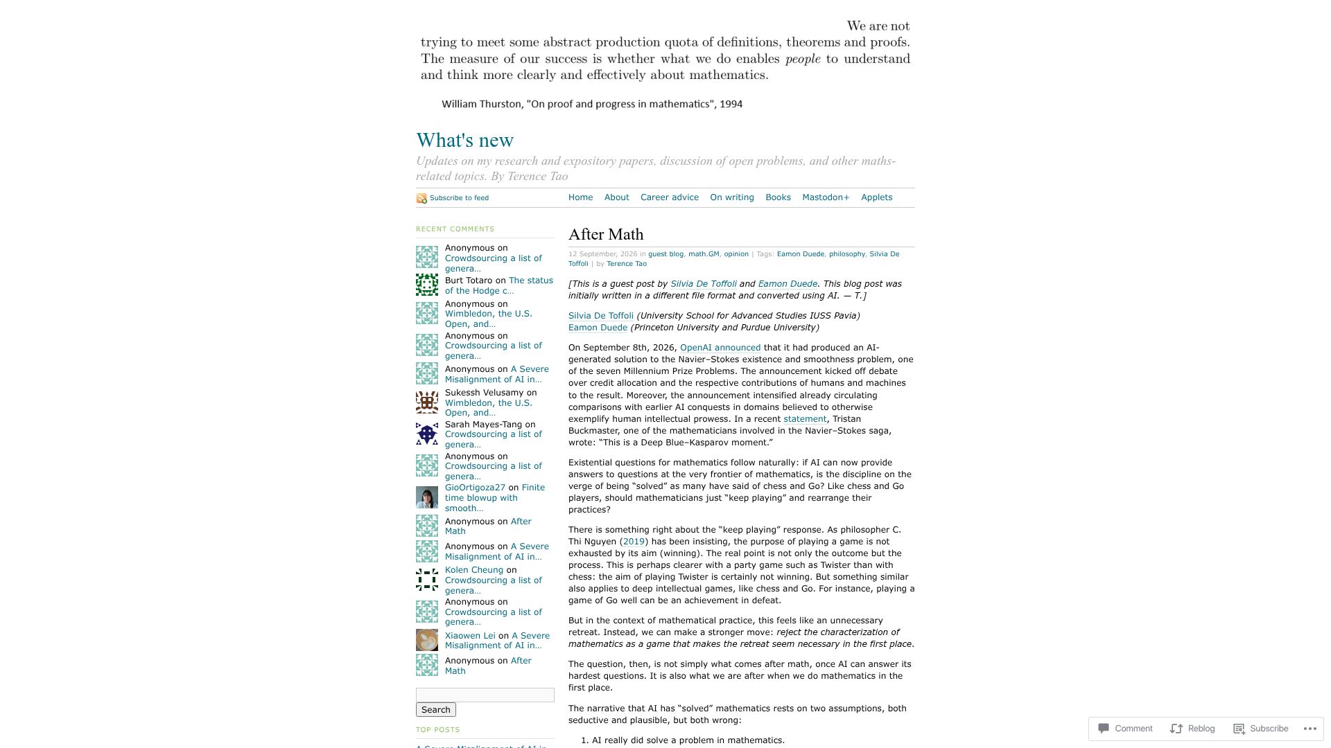 Screenshot of terrytao.wordpress.com: After Math