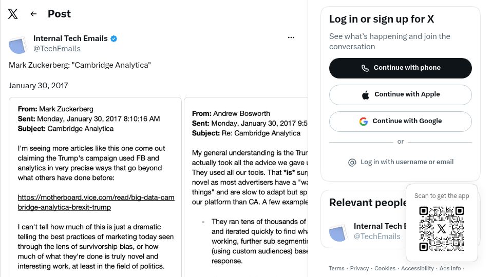 Screenshot of twitter.com: Mark Zuckerberg: "Cambridge Analytica" (2017)