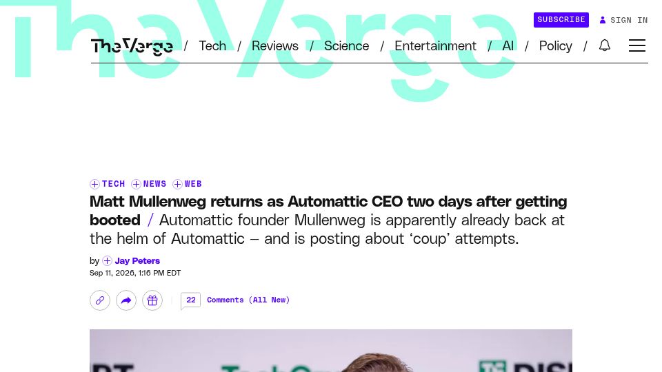 Screenshot of theverge.com: Matt Mullenweg reportedly returns as Automattic CEO 2 days after getting booted