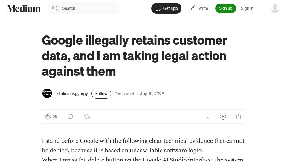 Screenshot of medium.com: Google illegally retains customer data,and I am taking legal action against them