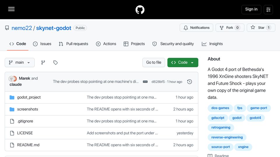 Screenshot of github.com: A Godot 4 port of two 1996 Bethesda shooters