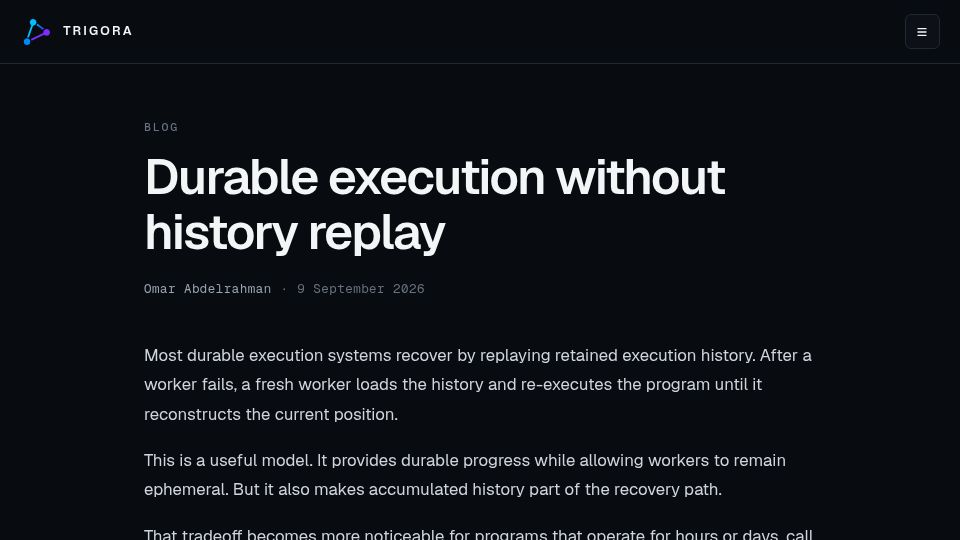 Screenshot of trigora.dev: Durable execution without history replay
