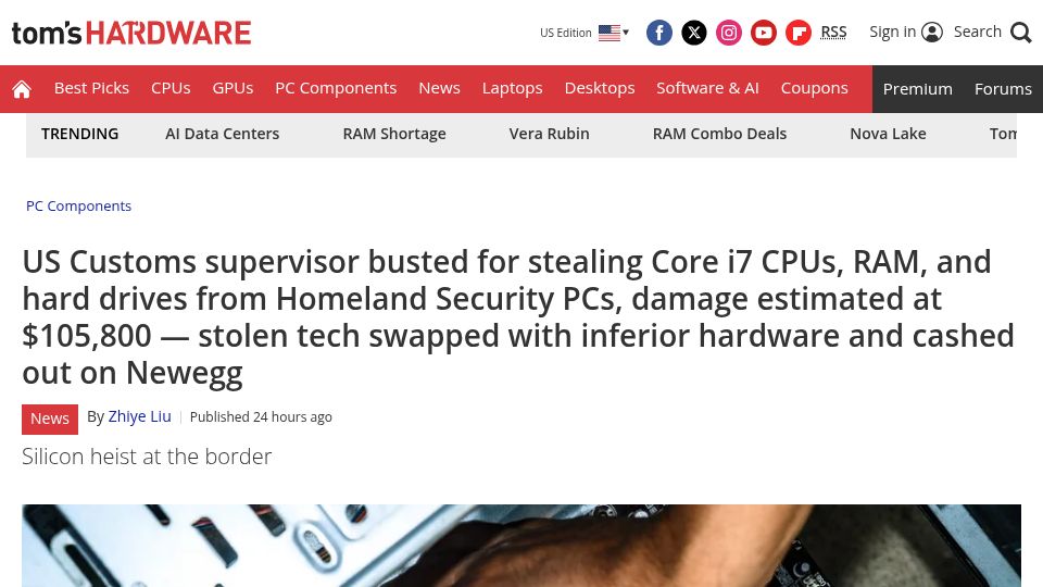 Screenshot of tomshardware.com: US Customs supervisor busted for stealing hardware from Homeland Security PCs