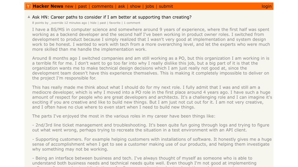 Screenshot of Hacker News post: Ask HN: Career paths to consider if I am better at supporting than creating?