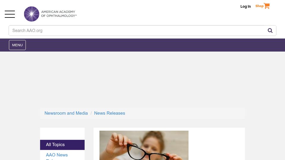 Screenshot of aao.org: American Medical Association Backs Classification of Nearsightedness as Disease