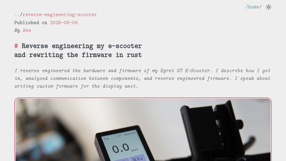 Screenshot of bensimms.moe: Reverse engineering my e-scooter and rewriting the firmware in Rust