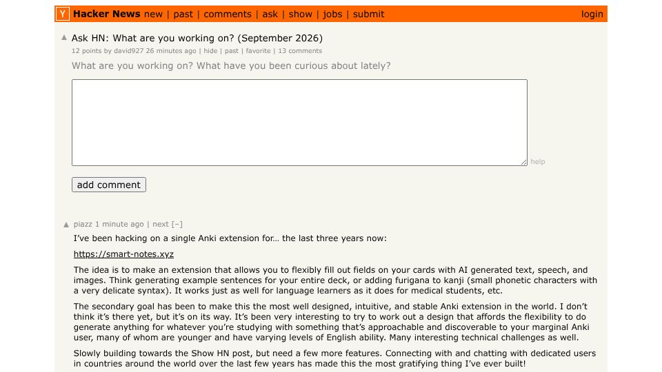 Screenshot of Hacker News post: Ask HN: What are you working on? (September 2026)