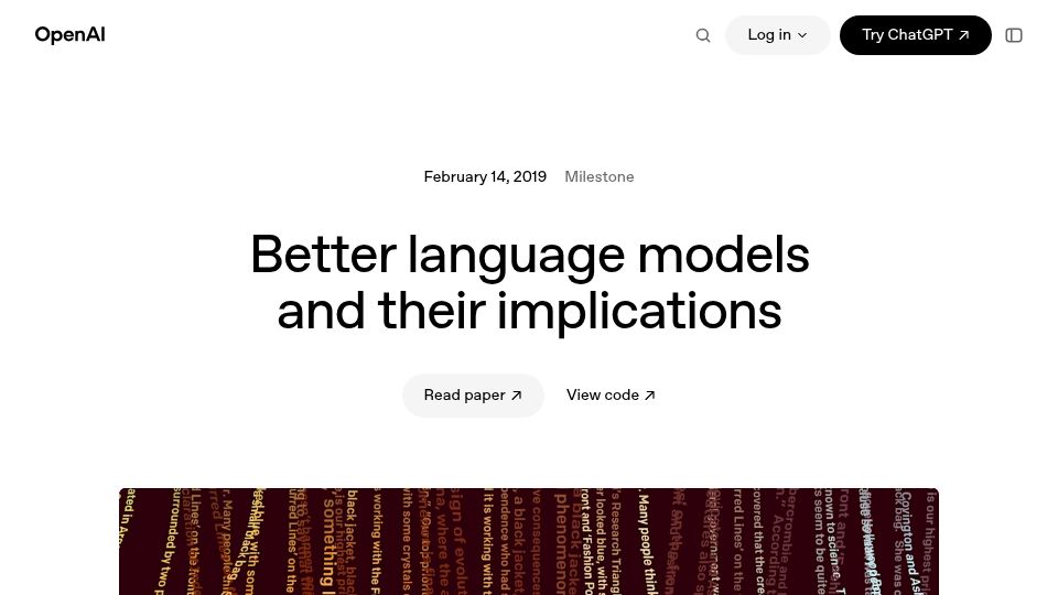 Screenshot of openai.com: Due to concerns about malicious applications, GPT2 will not be released (2019)
