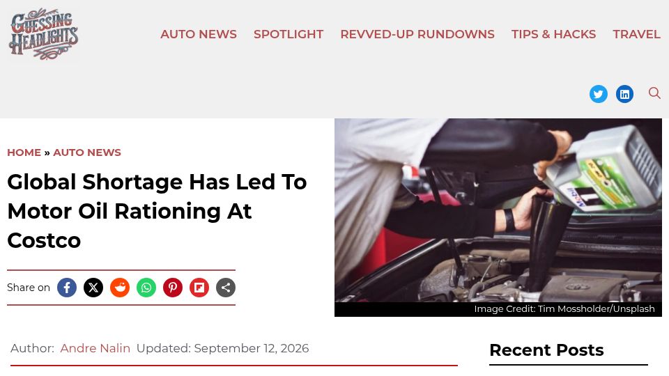 Screenshot of guessingheadlights.com: Global Shortage Has Led to Motor Oil Rationing at Costco