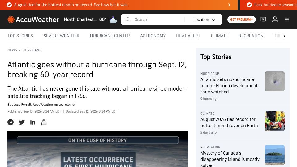 Screenshot of accuweather.com: No Atlantic hurricanes by Sept. 12 breaks a 60-year record