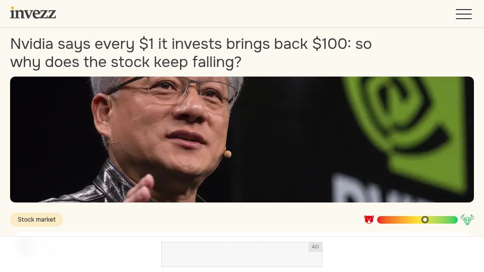 Screenshot of invezz.com: Nvidia dismisses "circular financing", says every $1 it invests brings back $100