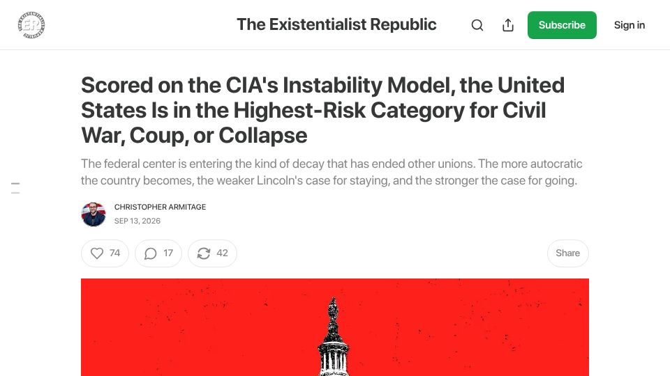 Screenshot of cmarmitage.substack.com: U.S. in Highest-Risk Category for Civil War, Coup, or Collapse in CIA Model