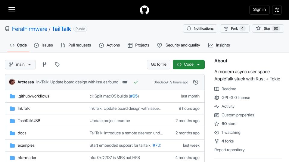 Screenshot of github.com: TailTalk: A modern async user space AppleTalk stack with Rust and Tokio