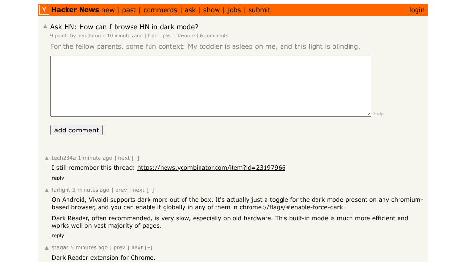 Screenshot of Hacker News post: Ask HN: How can I browse HN in dark mode?