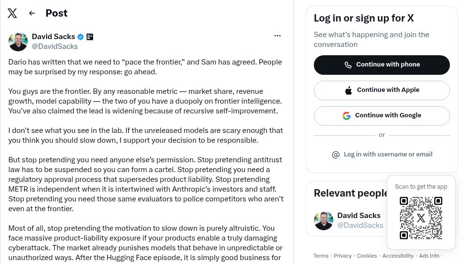 Screenshot of twitter.com: David Sacks: OpenAI and Anthropic Don't Need Regulations to Pace Frontier Models