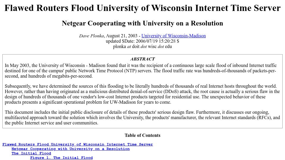 Screenshot of pages.cs.wisc.edu: Flawed routers flood University of Wisconsin internet time server (2003)