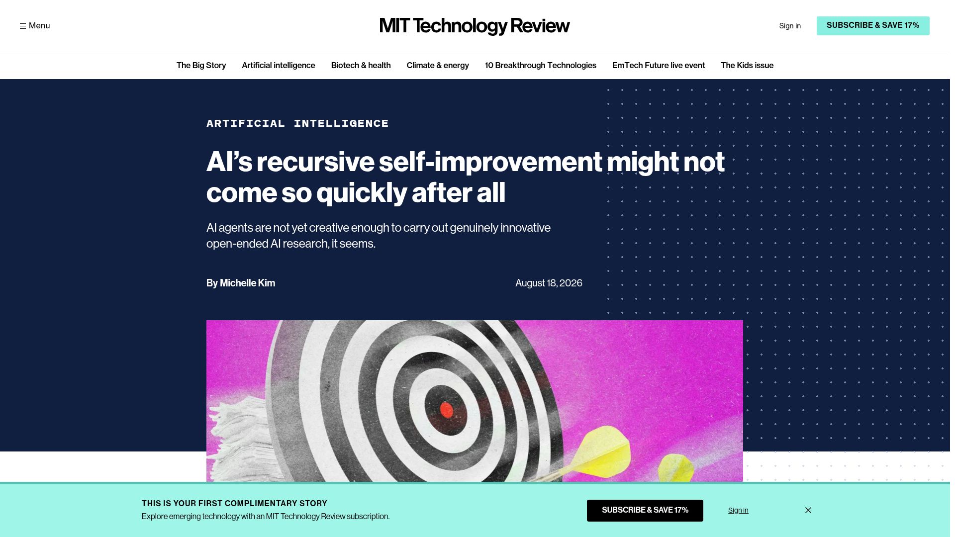 Screenshot of technologyreview.com: AI recursive self-improvement might not come so quickly after all