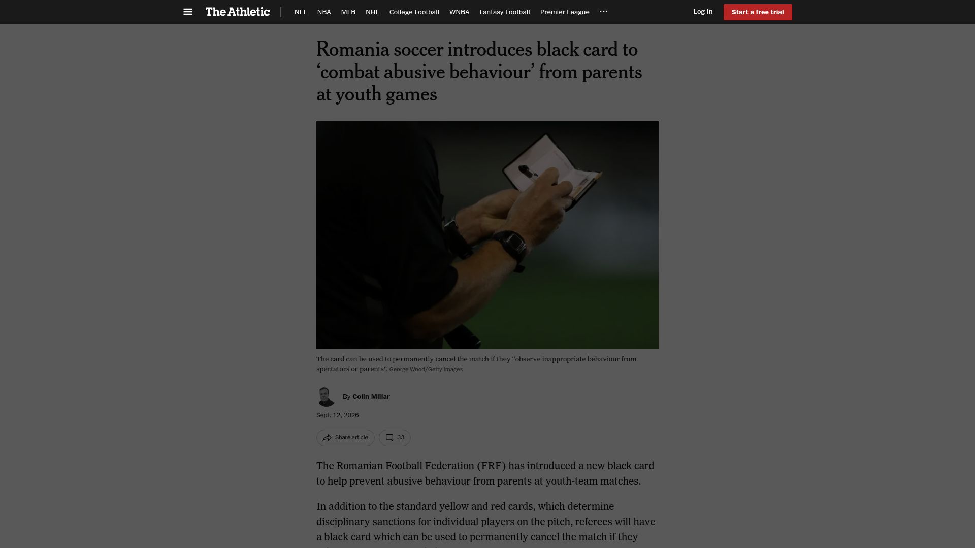Screenshot of nytimes.com: Romania soccer introduces black card to 'combat abusive behaviour' from parents