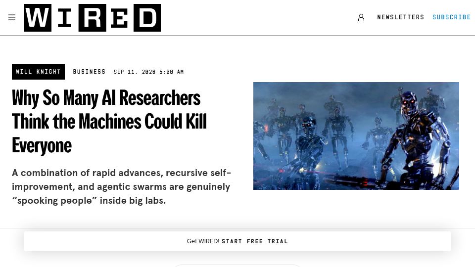 Screenshot of wired.com: Why So Many AI Researchers Think the Machines Could Kill Everyone