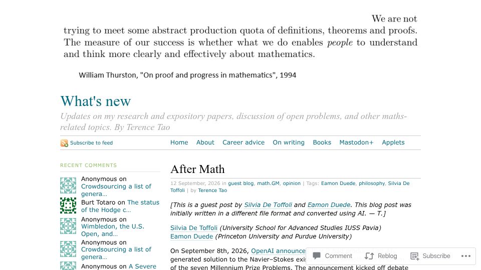 Screenshot of terrytao.wordpress.com: After Math