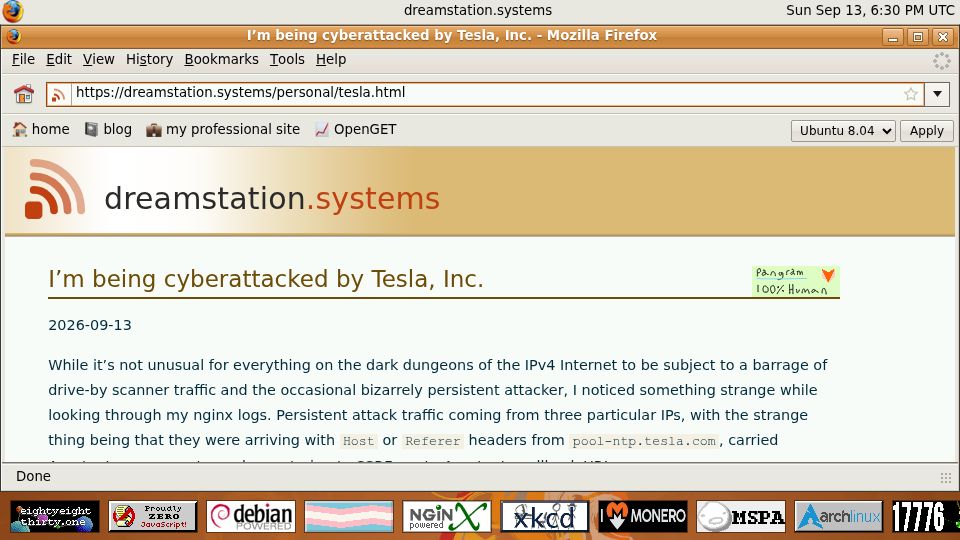 Screenshot of dreamstation.systems: I'm being cyberattacked by Tesla, Inc