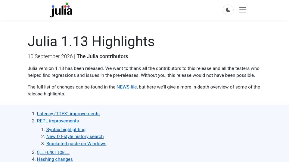 Screenshot of julialang.org: Julia 1.13 highlights