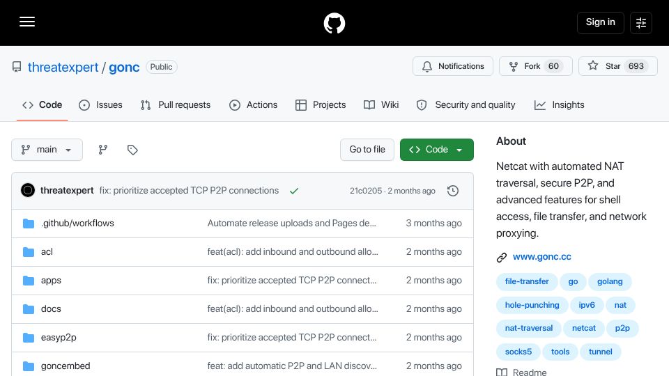 Screenshot of github.com: Gonc – Netcat with P2P Nat Traversal