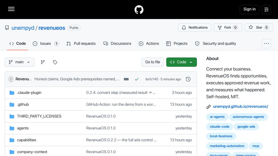 Screenshot of github.com: RevenueOS – open-source revenue automation that waits for your approval