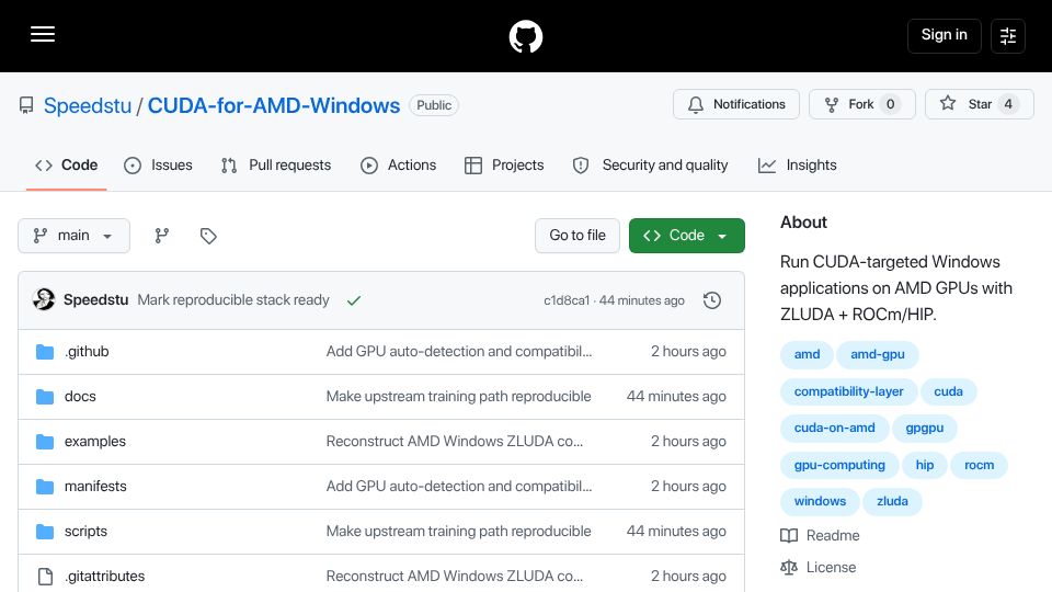 Screenshot of github.com: CUDA for AMD on Windows