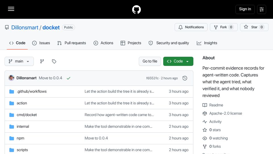 Screenshot of github.com: Docket – Per-commit evidence records for agent-written code