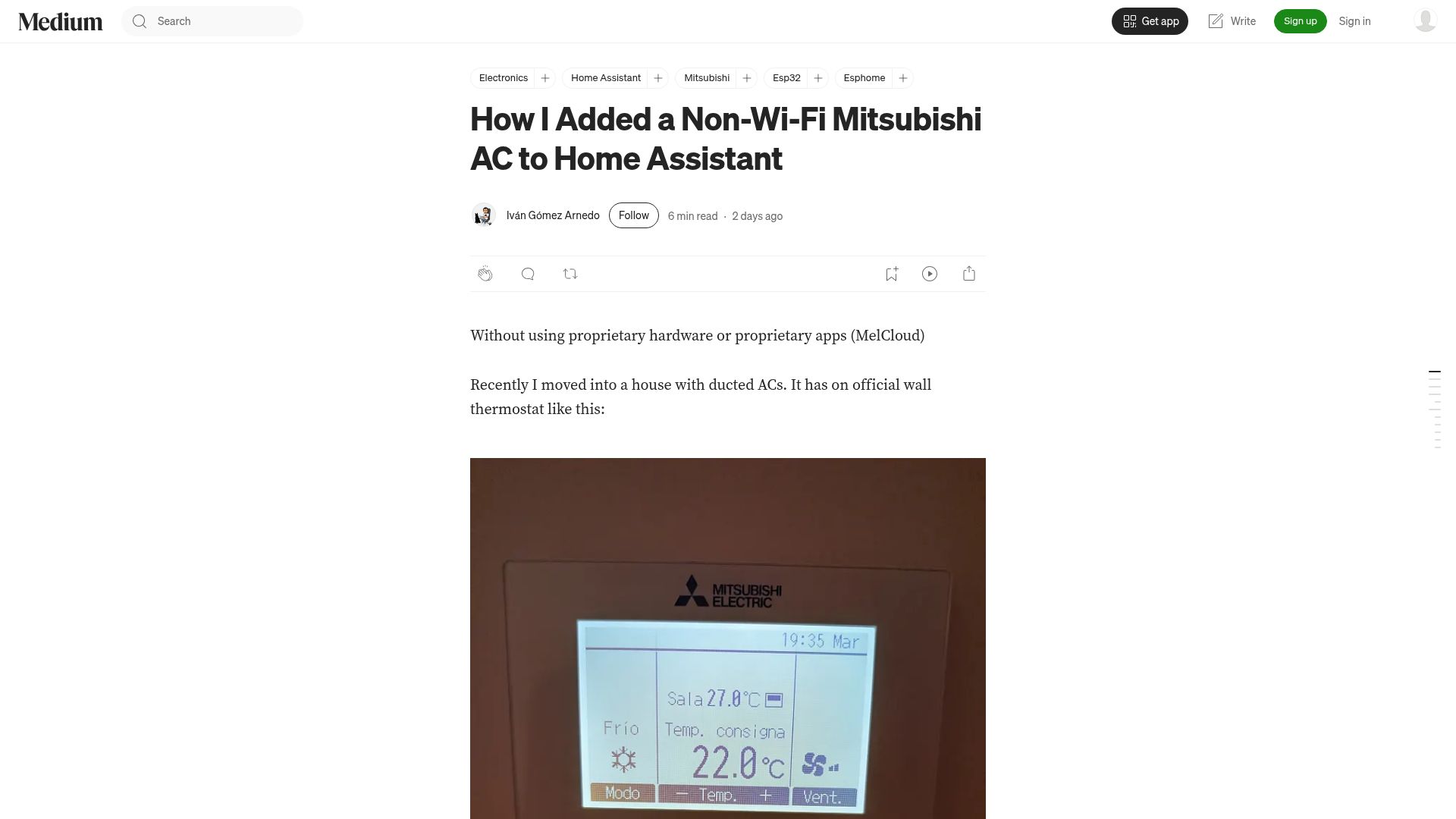 Screenshot of medium.com: I added a non-wi-fi Mitsubishi AC to Home Assistant