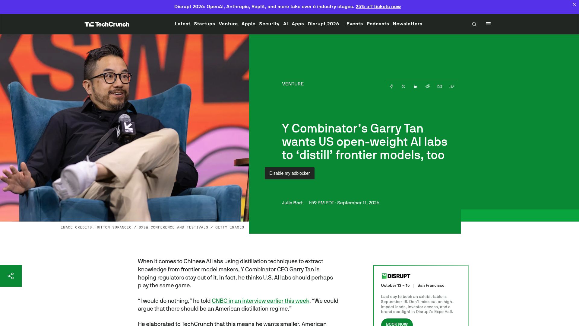 Screenshot of techcrunch.com: Garry Tan wants US open-weight AI labs to 'distill' frontier models, too
