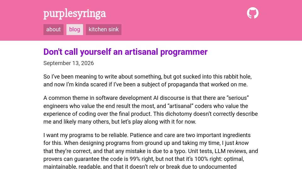 Screenshot of purplesyringa.moe: Don't call yourself an artisanal programmer