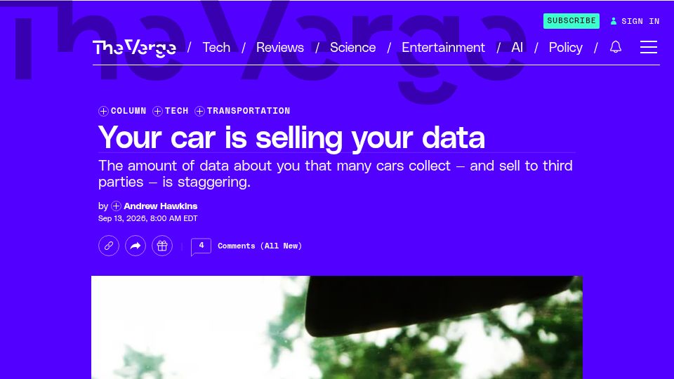 Screenshot of theverge.com: Data collected by cars and sold to third parties