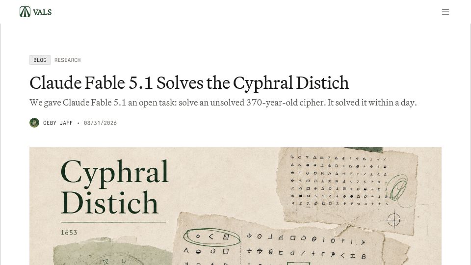 Screenshot of vals.ai: Fable 5.1 Solves the Cyphral Distich, a 370-year-old cipher